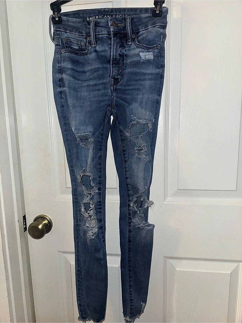 American Eagle Super Hi-Rise Jegging Distressed Blue Skinny Jeans Waist 000